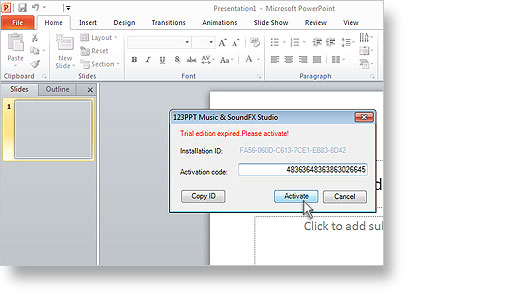 The 123PPT Music & SoundFX Studio Trial Edition has expired and an activation prompt is displayed when you start PowerPoint