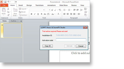 The 123PPT Music & SoundFX Studio Trial Edition has expired and an activation prompt is displayed when you start PowerPoint