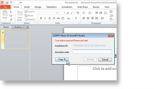 The 123PPT Music & SoundFX Studio Trial Edition has expired and an activation prompt is displayed when you start PowerPoint