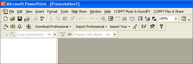 The 123PPT Music & SoundFX Studio creates a new toolbar menu in PowerPoint 2000 to provide you with the tools and functionality to create playlists, import music, control volume and play back music and set sound effects in PowerPoint