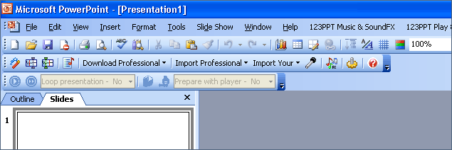 The 123PPT Music & SoundFX Studio creates a new toolbar menu in PowerPoint 2002 and PowerPoint 2003 to provide you with the tools and functionality to create playlists, import music, control volume and play back music and set sound effects in PowerPoint