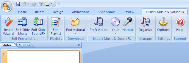 The 123PPT Music & SoundFX Studio creates a new ribbon menu in PowerPoint 2007 to provide you with the tools and functionality to create playlists, import music, control volume and play back music and set sound effects in PowerPoint