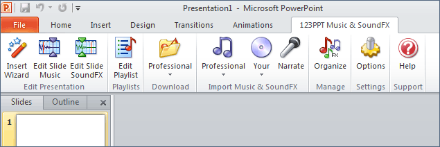 The 123PPT Music & SoundFX Studio creates a new ribbon menu in PowerPoint 2007 to provide you with the tools and functionality to create playlists, import music, control volume and play back music and set sound effects in PowerPoint