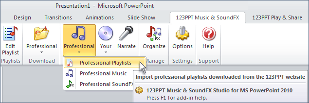 With 123PPT Playlists the composers and musicians of 123PPT have created professional presentation music themes that you can simply download and apply to your presentation for instant professional results that add dynamism and engage your audiences