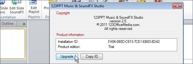 Upgrade the 123PPT Music & SoundFX Studio from the free Trial Edition to the Lite, Standard or Deluxe Edition to create PowerPoint presentations with music playlists and sound effects, controlling volume, fades and audio effects without watermarking