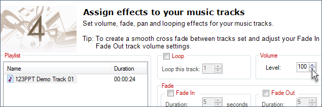 For the first time you can control volume, fade presentation music in and fade presentation music out as well as crossfade between tracks inside PowerPoint for complete control over your PowerPoint presentation music and sound effects