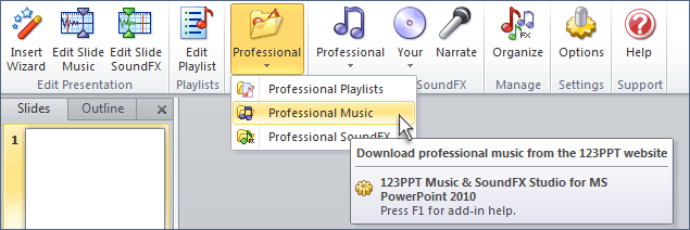 Download professional playlists, individual music tracks and sound effects direct from the 123PPT website to add professional audio to your PowerPoint presentation slides