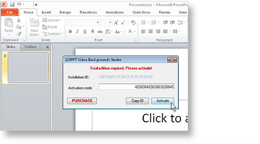 The 123PPT Video Backgrounds Studio Trial Edition has expired and an activation prompt is displayed when you start PowerPoint