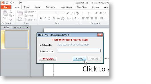 The 123PPT Video Backgrounds Studio Trial Edition has expired and an activation prompt is displayed when you start PowerPoint