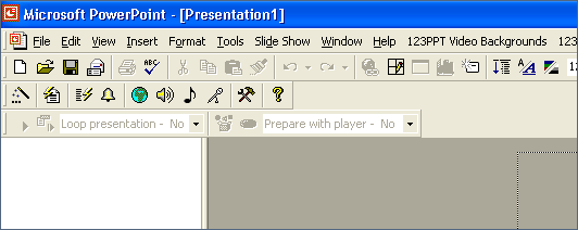 The 123PPT Video Backgrounds Studio creates a new toolbar menu in PowerPoint 2000 to provide you with the tools and functionality to import, control and play back video backgrounds in PowerPoint