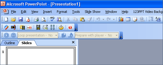 The 123PPT Video Backgrounds Studio creates a new toolbar menu in PowerPoint 2002 and PowerPoint 2003 to provide you with the tools and functionality to import, control and play video backgrounds in PowerPoint