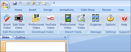 The 123PPT Video Backgrounds Studio creates a new toolbar menu in PowerPoint 2007 to provide you with the tools and functionality to import, control and play video backgrounds in PowerPoint