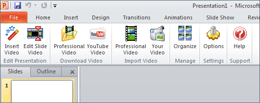 The 123PPT Video Backgrounds Studio creates a new ribbon menu in PowerPoint 2010 to provide you with the tools and functionality to import, control and play video backgrounds in PowerPoint