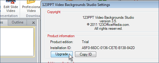 Upgrade the 123PPT Video Backgrounds Studio from the free Trial Edition to the Lite, Standard or Deluxe Edition to create video PowerPoint presentations with your own video backgrounds without watermarking