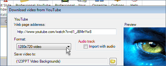 Download and import High-Definiton (HD) YouTube videos or low resolutions clips with the 123PPT Video Backgrounds Studio and choose from all available resolutions of any YouTube video