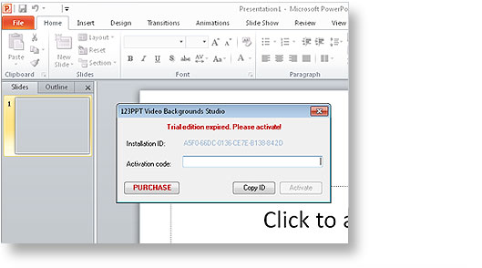 The 123PPT Video Backgrounds Studio Trial Edition has expired and an activation prompt is displayed when you start PowerPoint